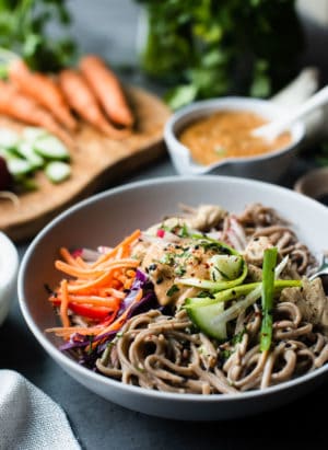Soba Noodles & Chicken with Spicy Peanut Sauce - Bowl of peanut sauce noodles.