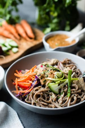 Soba Noodles & Chicken with Spicy Peanut Sauce - Bowl of peanut sauce noodles.
