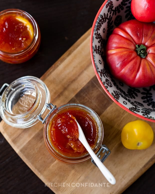 Tomato Jam in a glass jar.