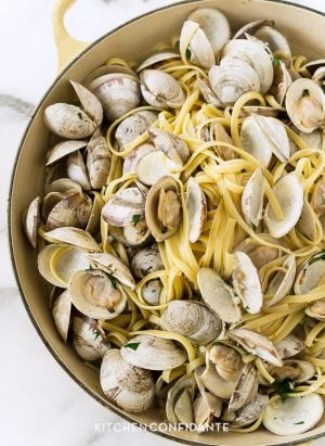 Opened clams on a bed of linguine and white wine sauce in a large pot.