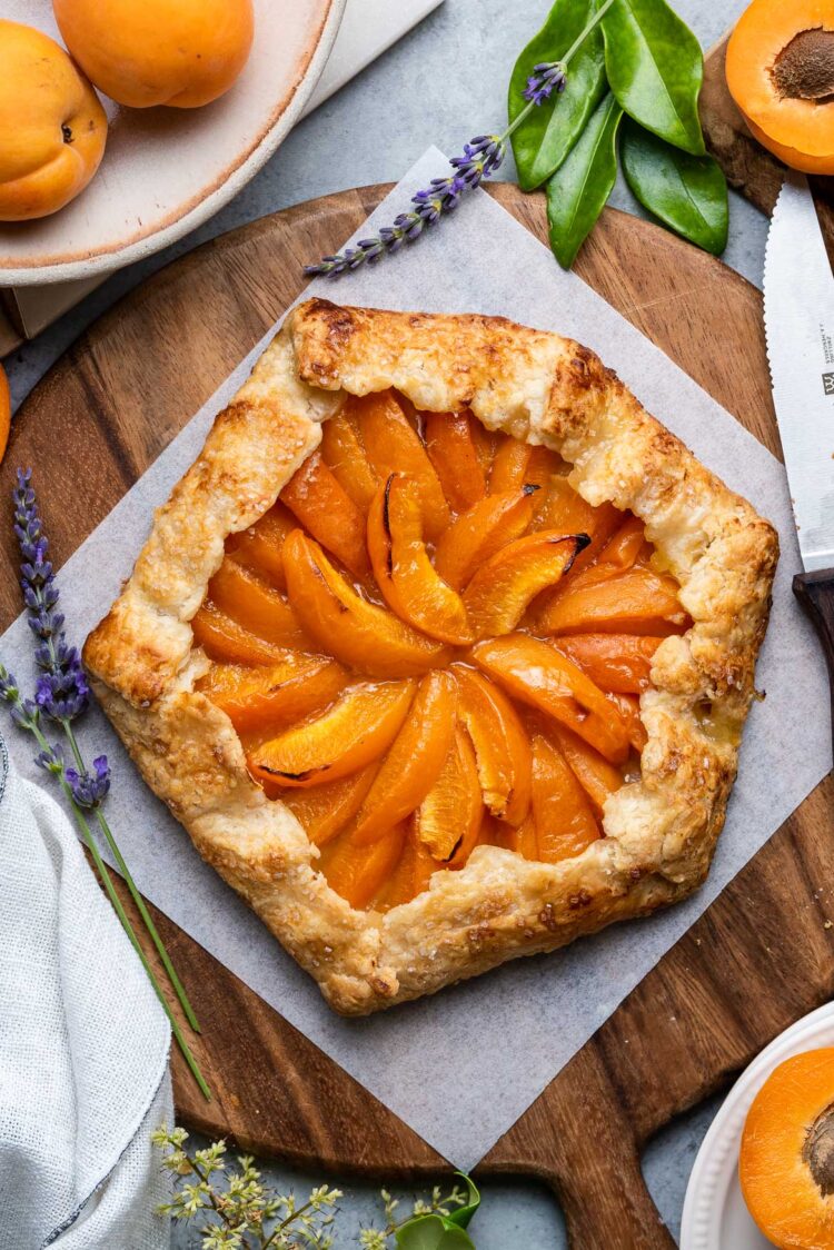 Apricot Galette on a wooden board.