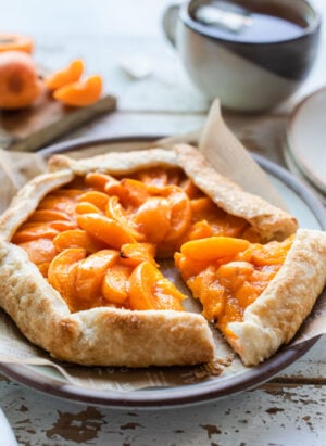 Apricot Galette sliced on a plate.