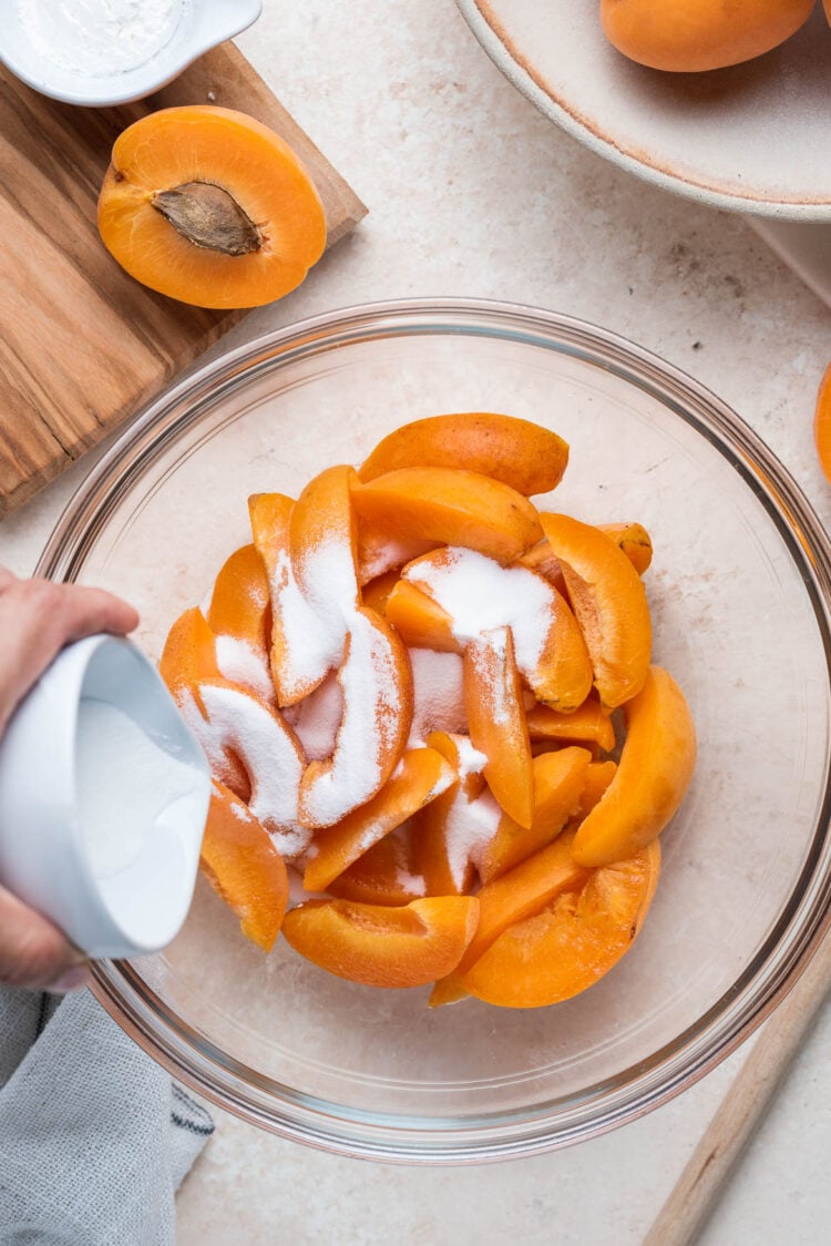 Apricot Galette filling in a bowl, with apricots and sugar.