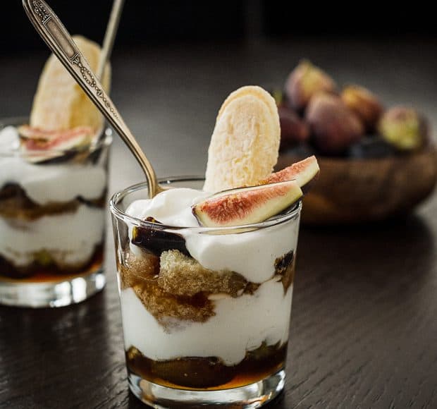 Dessert glasses layered with honeyed figs, ladyfingers, and Greek yogurt cream.