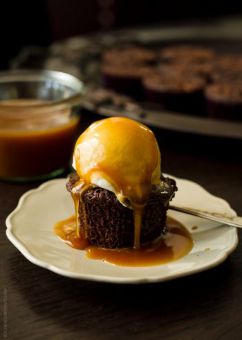 10 Minute Microwave Caramel Sauce drizzled over a brownie and scoop of ice cream.