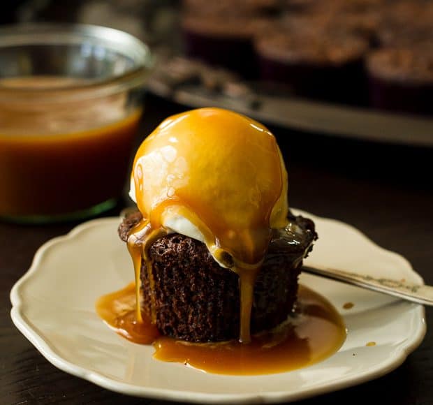 10 Minute Microwave Caramel Sauce drizzled over a brownie and scoop of ice cream.