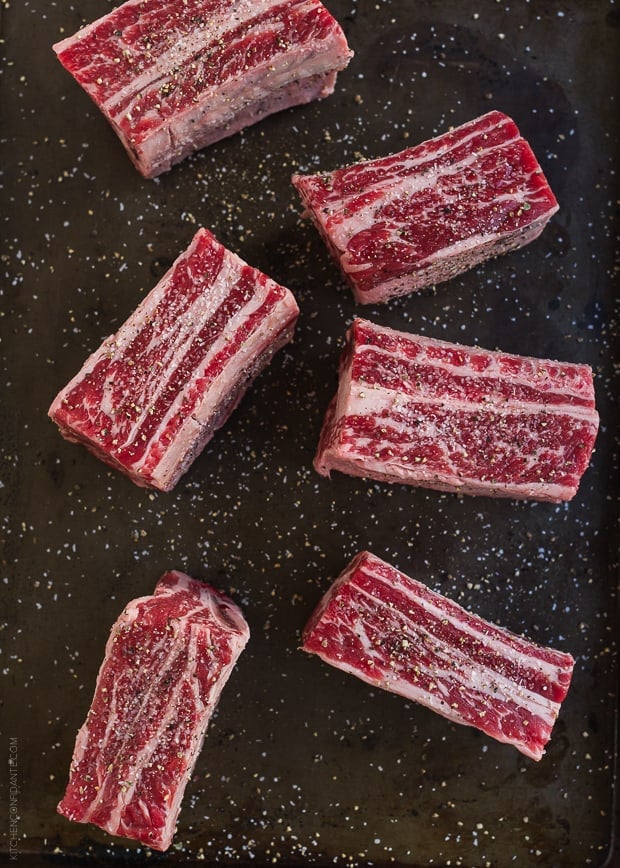 Short ribs seasoned with salt and pepper on all sides.