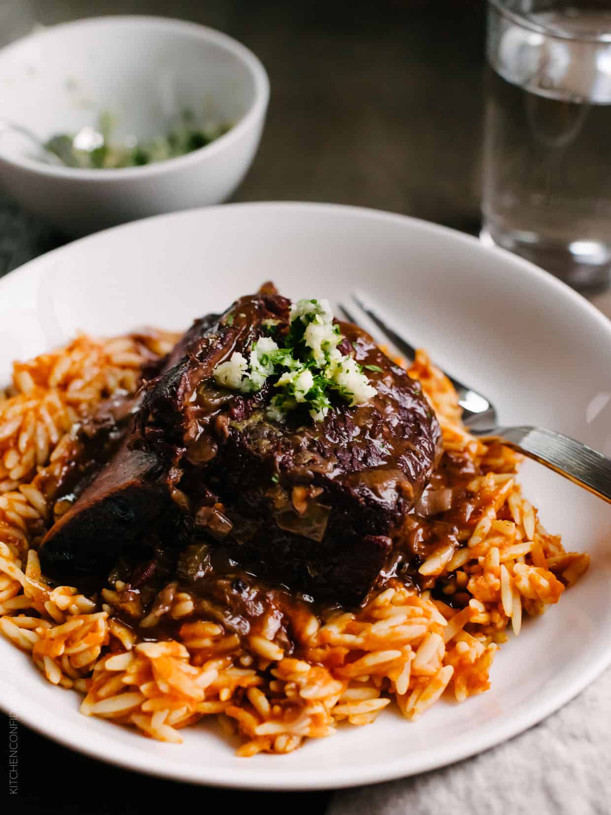 Braised Chipotle Short Ribs served on a white plate. 