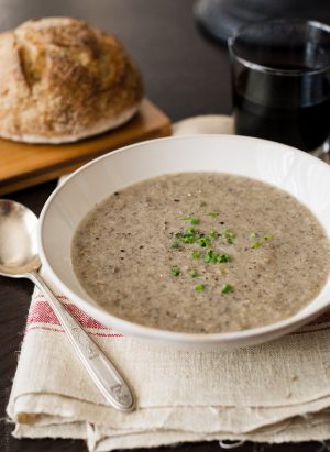 Roasted Mushroom and Cauliflower Soup in a white bowl.