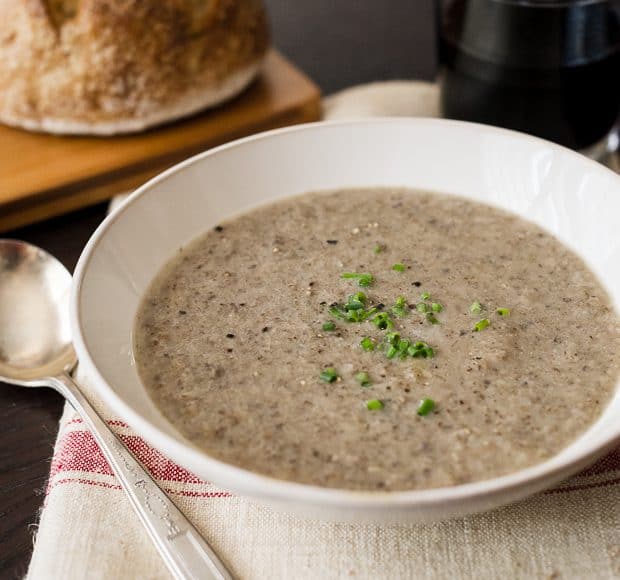 Roasted Mushroom and Cauliflower Soup in a white bowl.