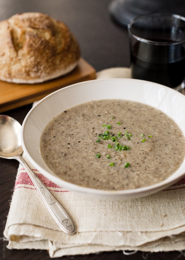 Roasted Mushroom and Cauliflower Soup in a white bowl.