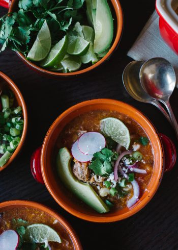 Bowls filled with Fire Roasted Chipotle Posole.