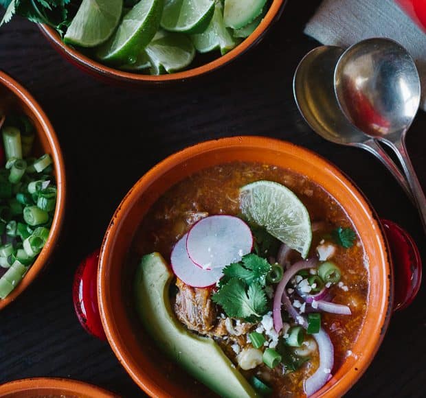 Bowls filled with Fire Roasted Chipotle Posole.