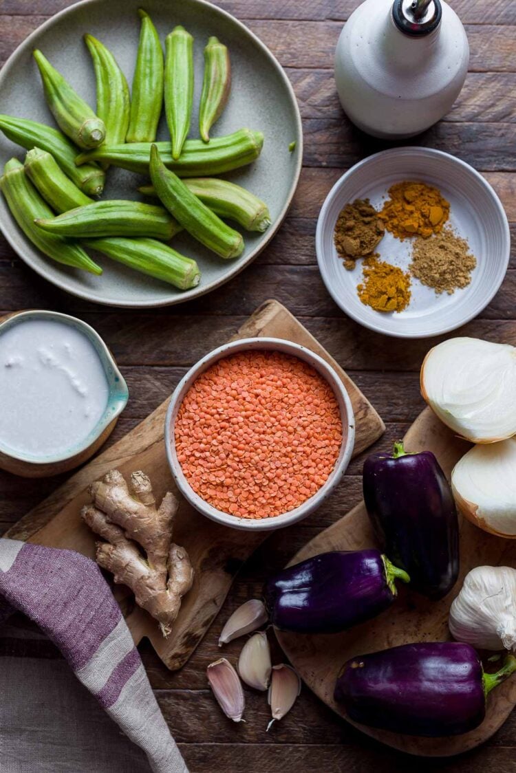 Ingredients for Lentil Okra Curry.