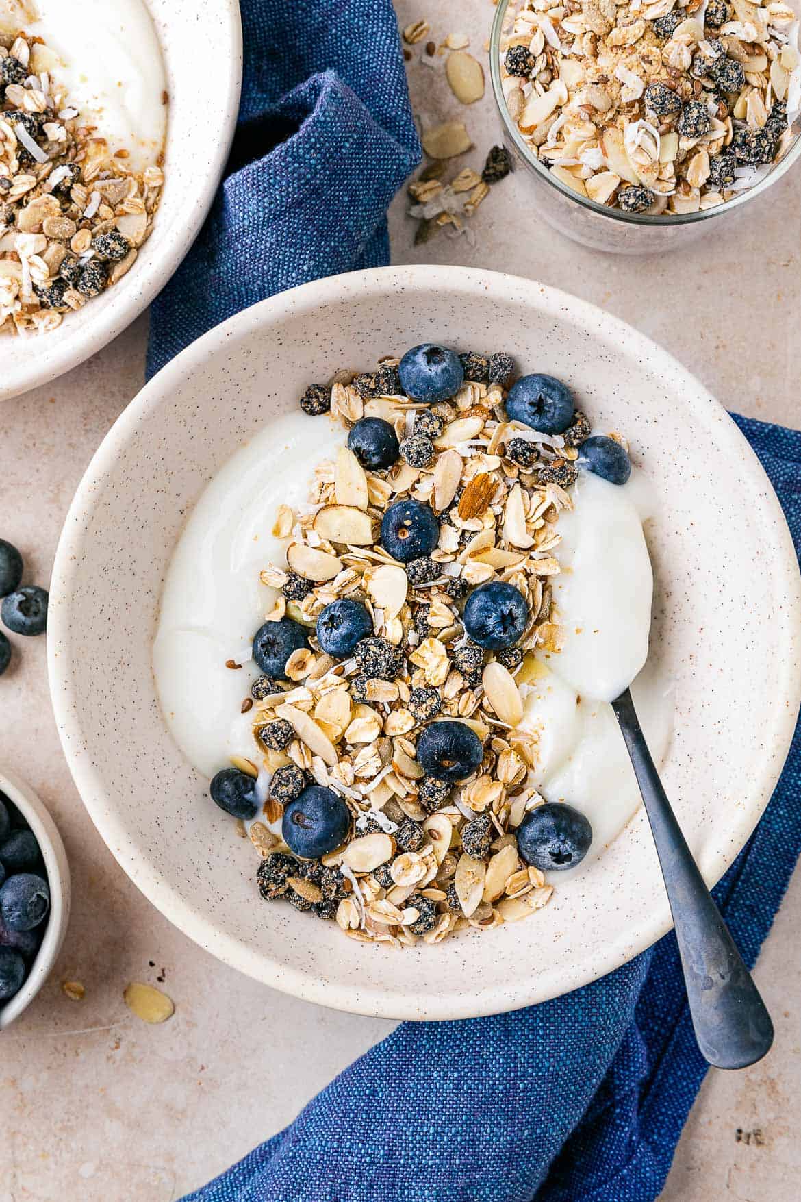A bowl of Blueberry Muesli topped with fresh blueberries.