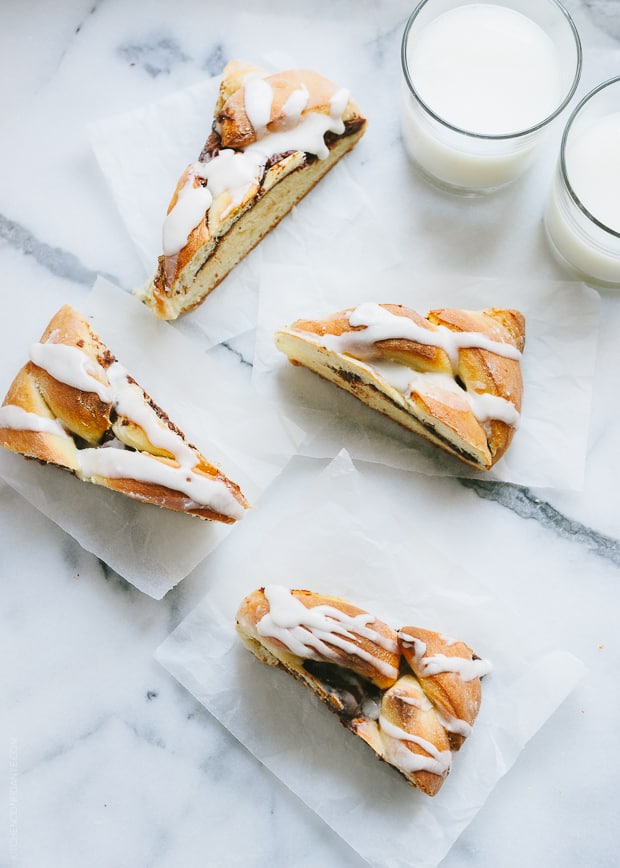 Slices of Braided Nutella Bread on a marble surface.