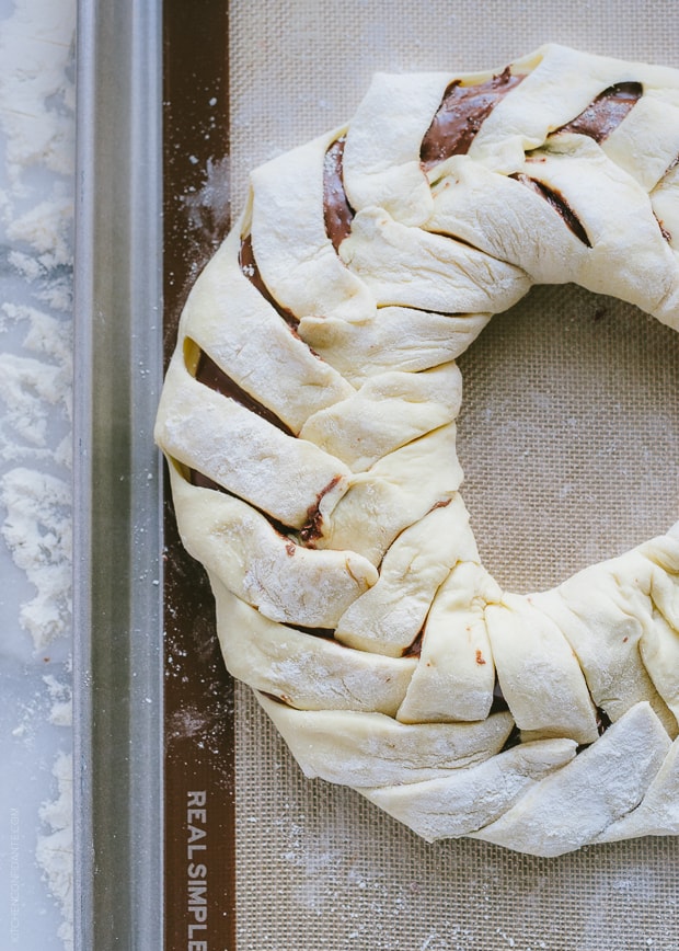 Braided Nutella Bread shaped into a ring.