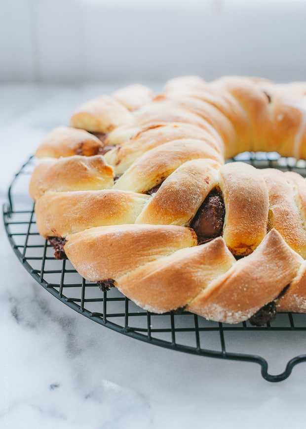 Braided Nutella Bread on a cooling rack.