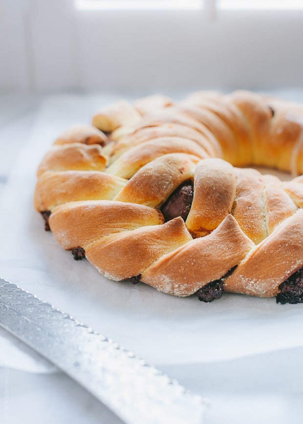 A loaf of filled braided bread.