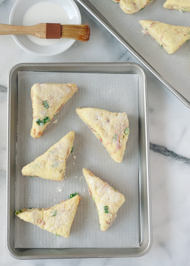 Savory Scones with Gruyere, Prosciutto and Green Onion on a baking sheet before baking
