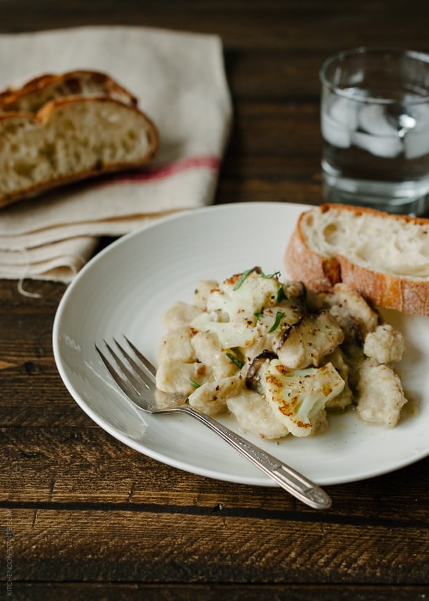 Cauliflower Gnocchi served on a white plate.