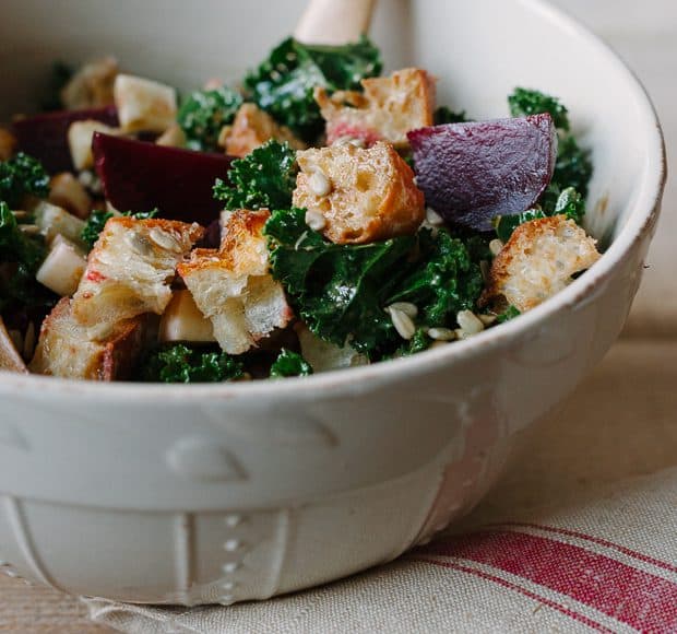 Roasted Beet and Kale Panzanella in a large bowl.