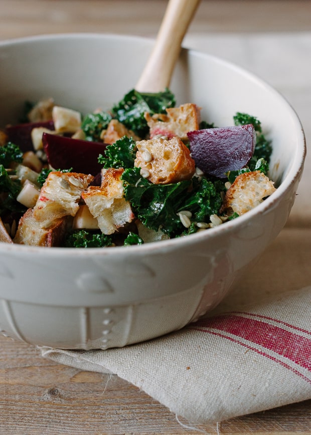 Roasted Beet and Kale Panzanella in a large bowl.