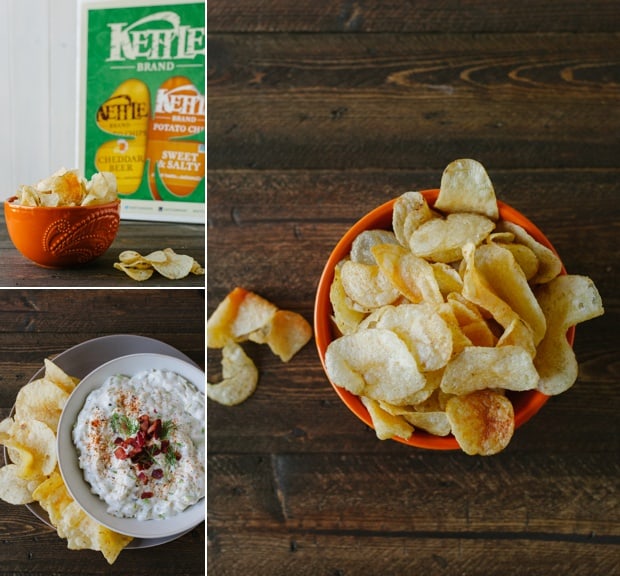 Three images in a collage featuring potato chips and dip.