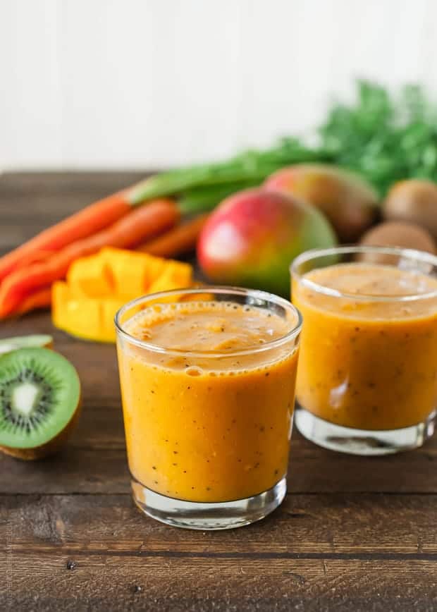 Carrot Mango and Kiwi Smoothie in glasses