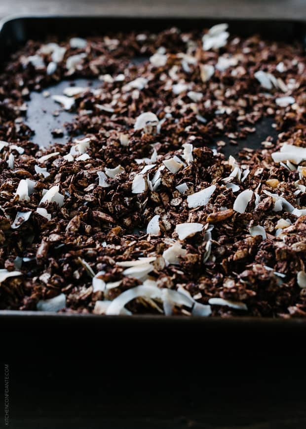 Mocha Coconut Granola in a sheet pan.