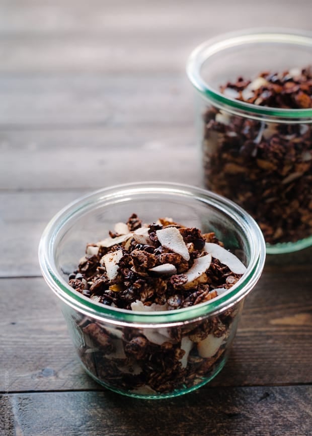 Glass cups filled with homemade granola.