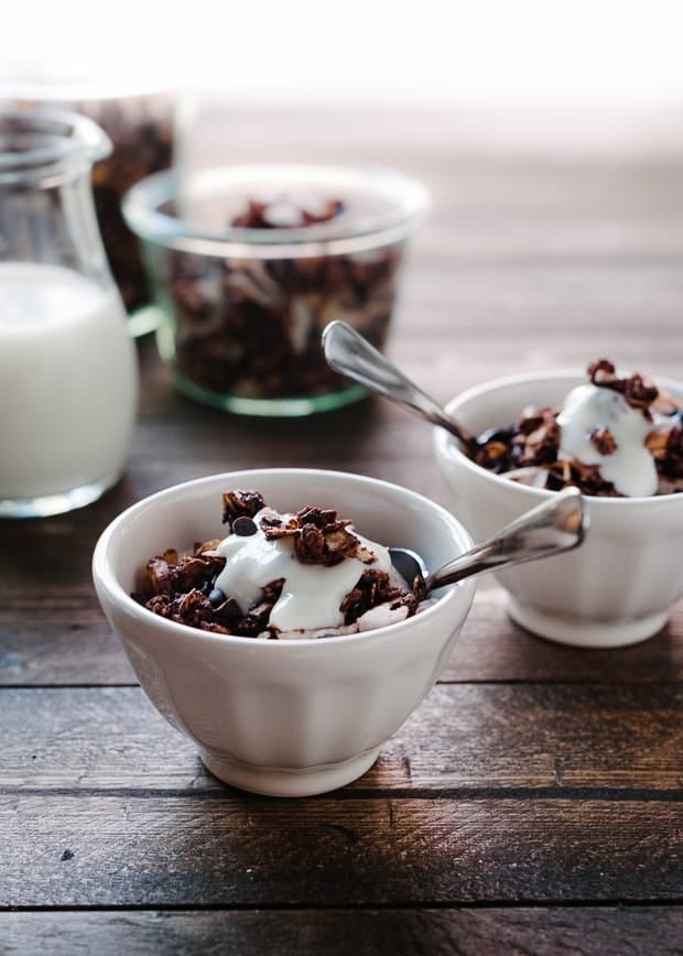 Small white bowls with Mocha Coconut Granola.