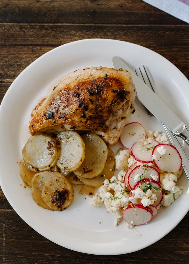 A white plate filled with roasted chicken, potatoes and sliced radishes.