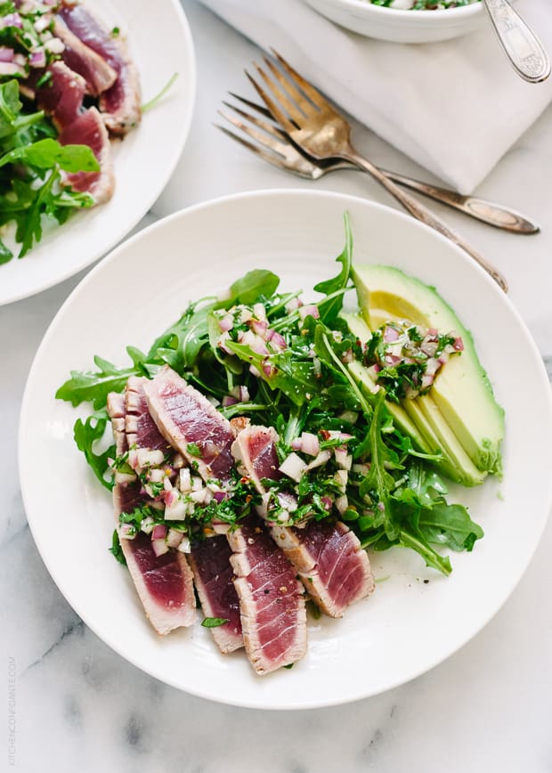 Seared Ahi Tuna with Chimichurri Sauce, Arugula and Avocado | www.kitchenconfidante.com