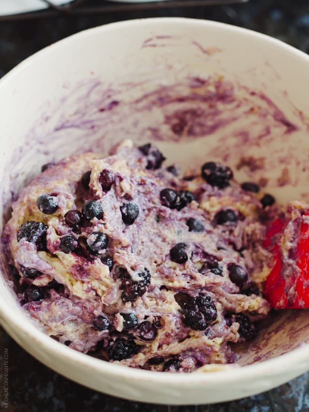 A bowl of muffin batter for berry muffins.