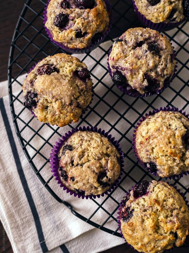 Berry Flaxseed Muffins on a cooling rack.