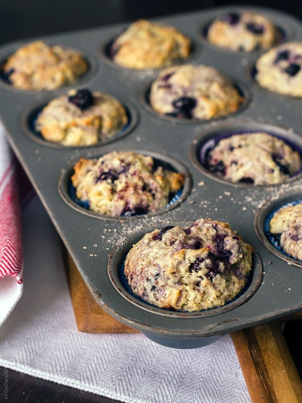 Berry Flaxseed Muffins baked in a muffin tin.