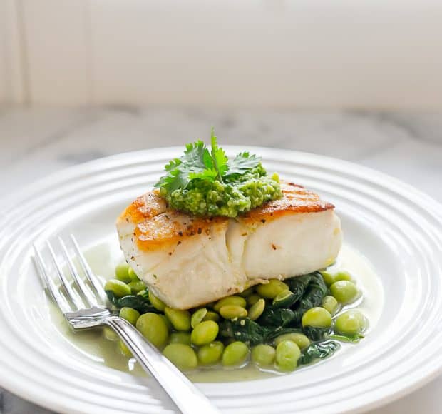 Pan-Roasted Halibut with Cilantro Edamame Pesto served on a white plate.