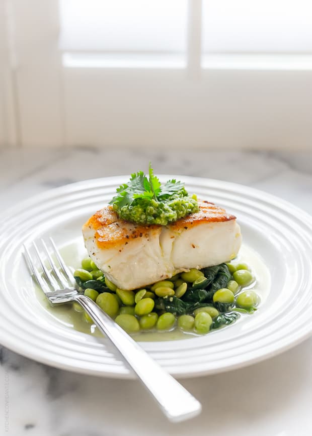 Pan-Roasted Halibut with Cilantro Edamame Pesto served on a white plate.