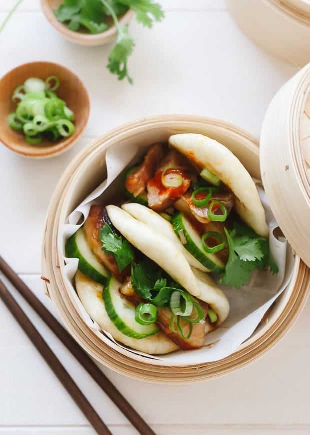 Pork Belly Buns (Gua Bao) in a steamer basket.