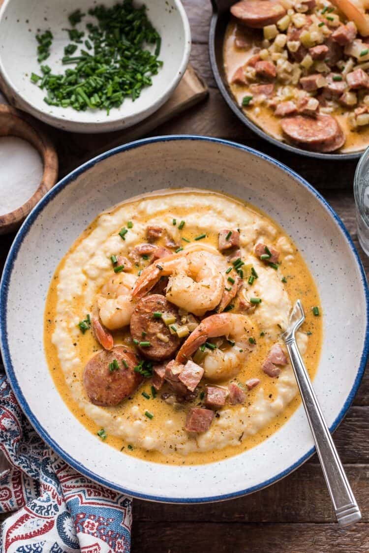Shrimp and Grits with Andouille Sausage Recipe - all dished up in a white bowl with blue rim, and ready to eat!