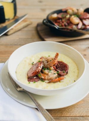 Shrimp and Smoked Sausage with Aged Cheddar Grits | www.kitchenconfidante.com
