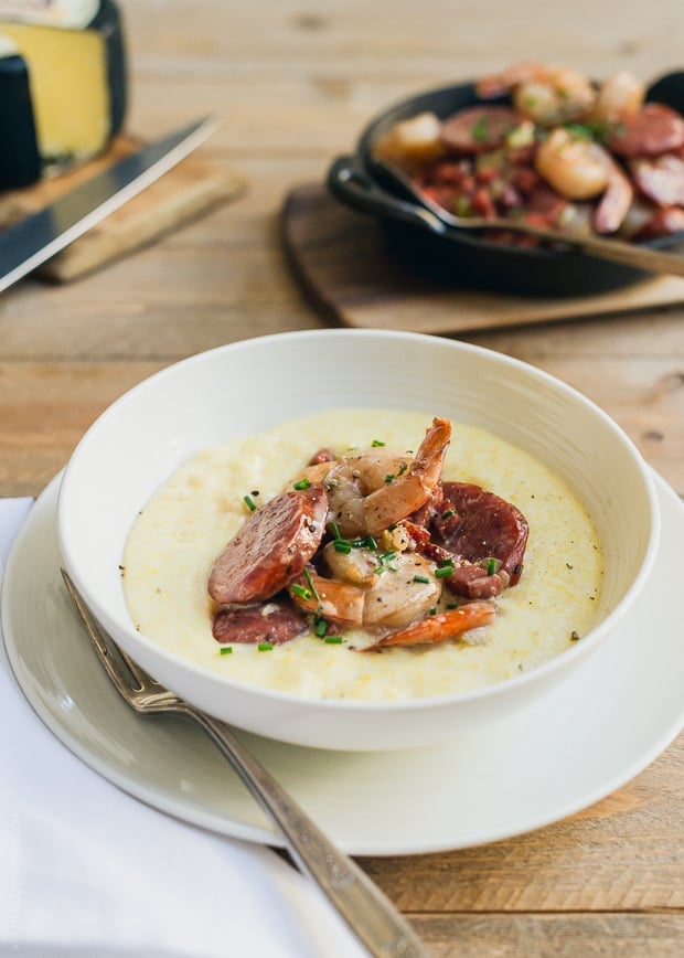 Shrimp and Smoked Sausage with Aged Cheddar Grits