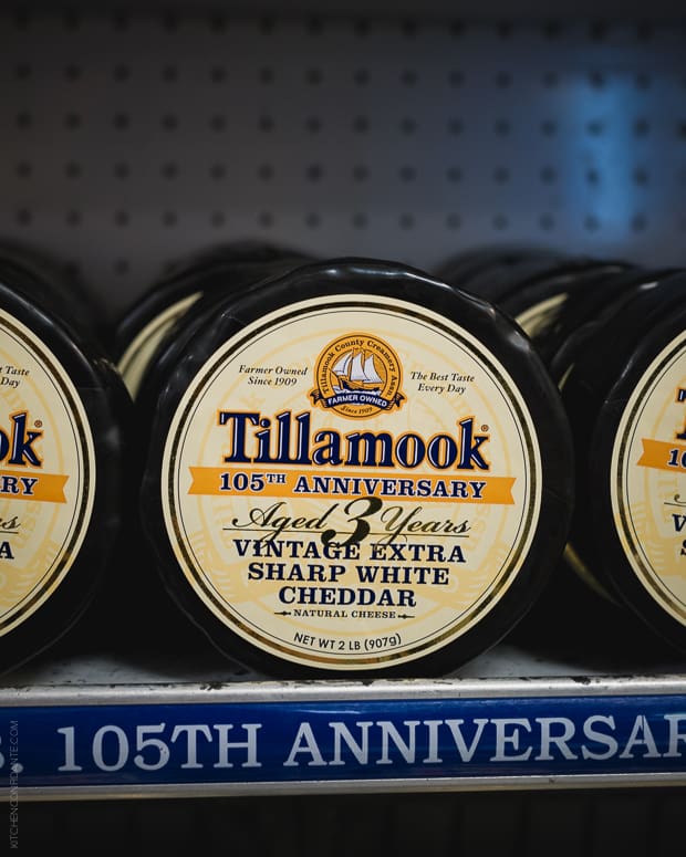 A 2 lb round of Tillamook Anniversary Cheese - An aged extra sharp white cheddar that I used to create my Shrimp and Grits with Andouille Sausage Recipe.