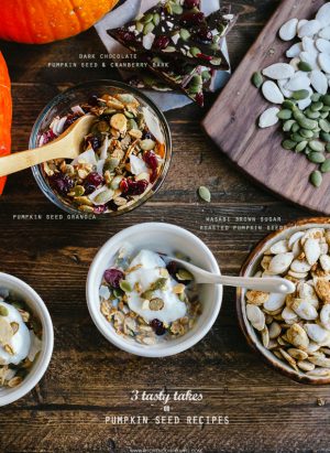 Image of 3 pumpkin seed recipes - granola, chocolate bark, and a savory snack.