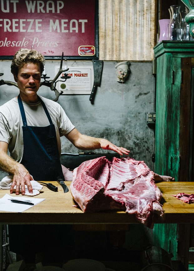 Demonstrating breaking down a hog at an Advanced Butchery Class - Avedano's SF.