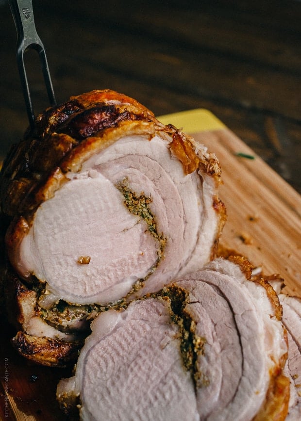 The interior of sliced Porchetta.