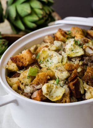 A large dish filled with sourdough sausage stuffing.