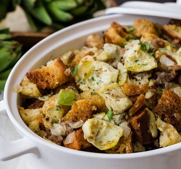 A large dish filled with sourdough sausage stuffing.