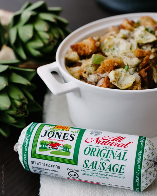 Jones Dairy Farm Original Sausage with a dish of homemade stuffing in the background.